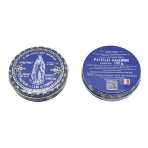 Boite ronde en métal de pastilles Malespine® à l'eau de Lourdes,100 gr
