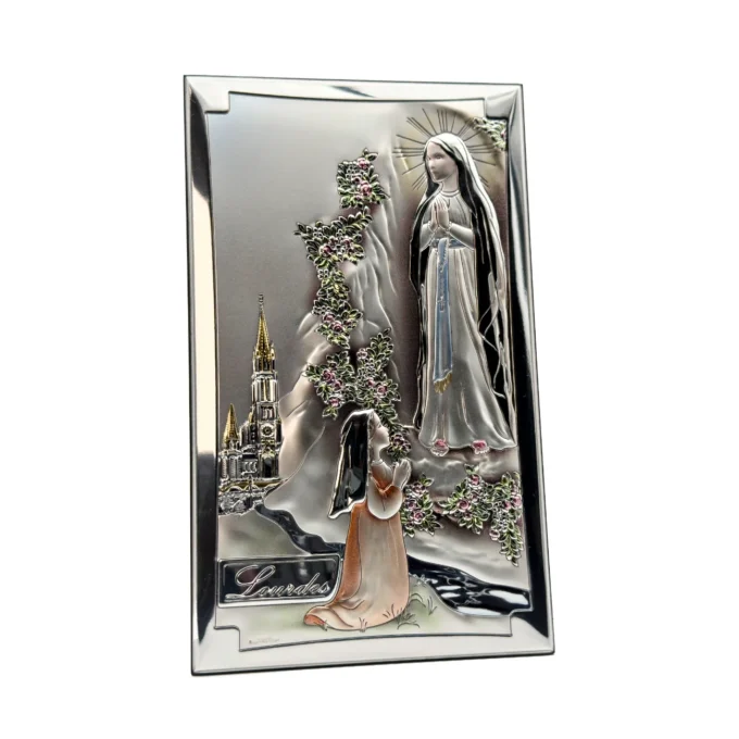 L'apparition de Lourdes - Bas relief rectangulaire - Plaqué argent et couleur