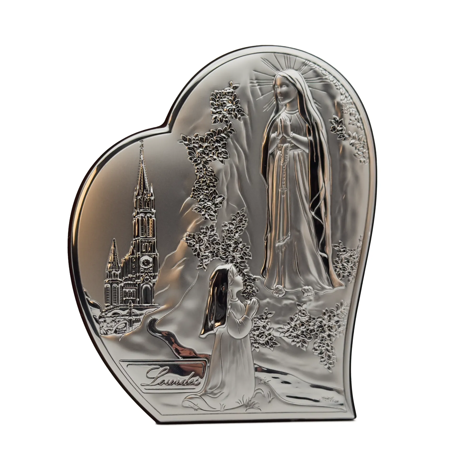 Cadre Argent en forme de coeur représentant L'apparition de Lourdes
