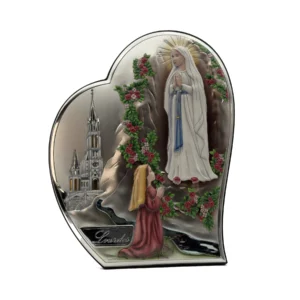 Cadre Argent en forme de coeur représentant L'apparition de Lourdes