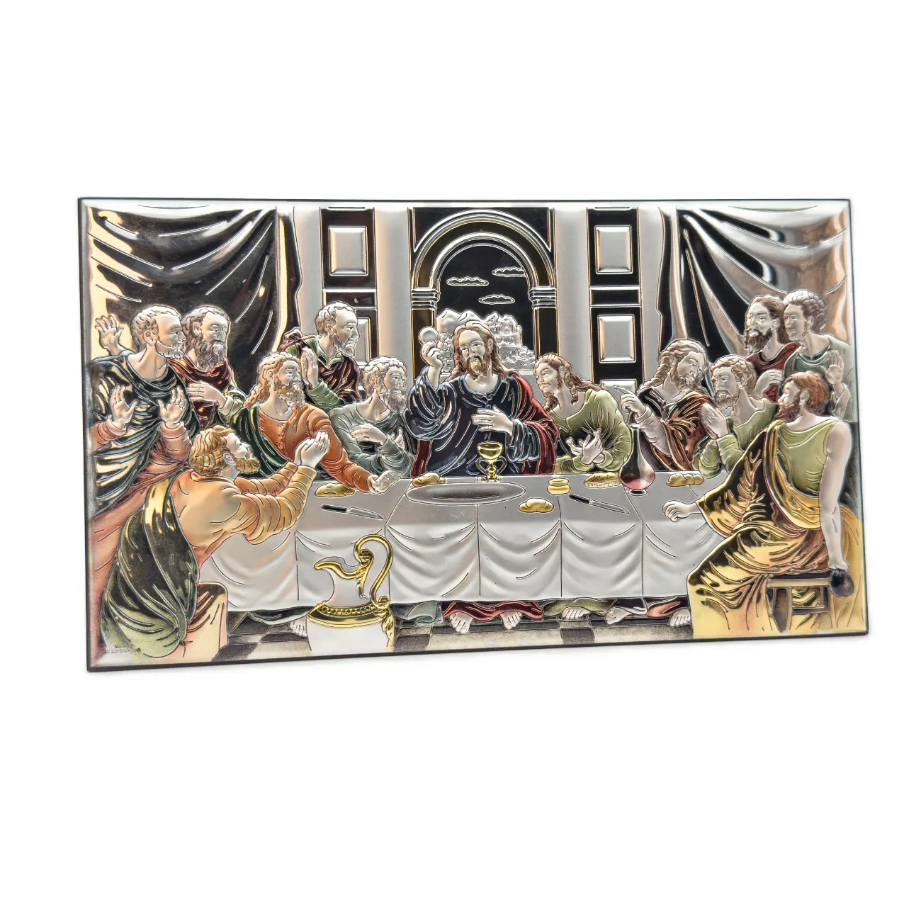 Cadre Bas relief La cène - Couleur, Plaqué argent + dorure - Bois