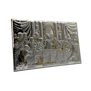 Cadre La cène Institution de l’Eucharistie - Plaqué argent + dorure - Bois