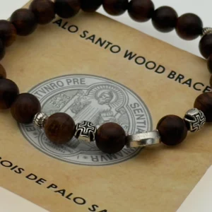 Bracelet chapelet en bois de Palo Santo – croix et médaille mariale