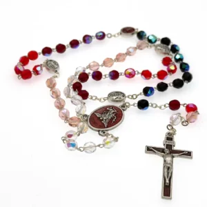 Chapelet Saint Michel Archange – perles multicolores en verre – croix argentée