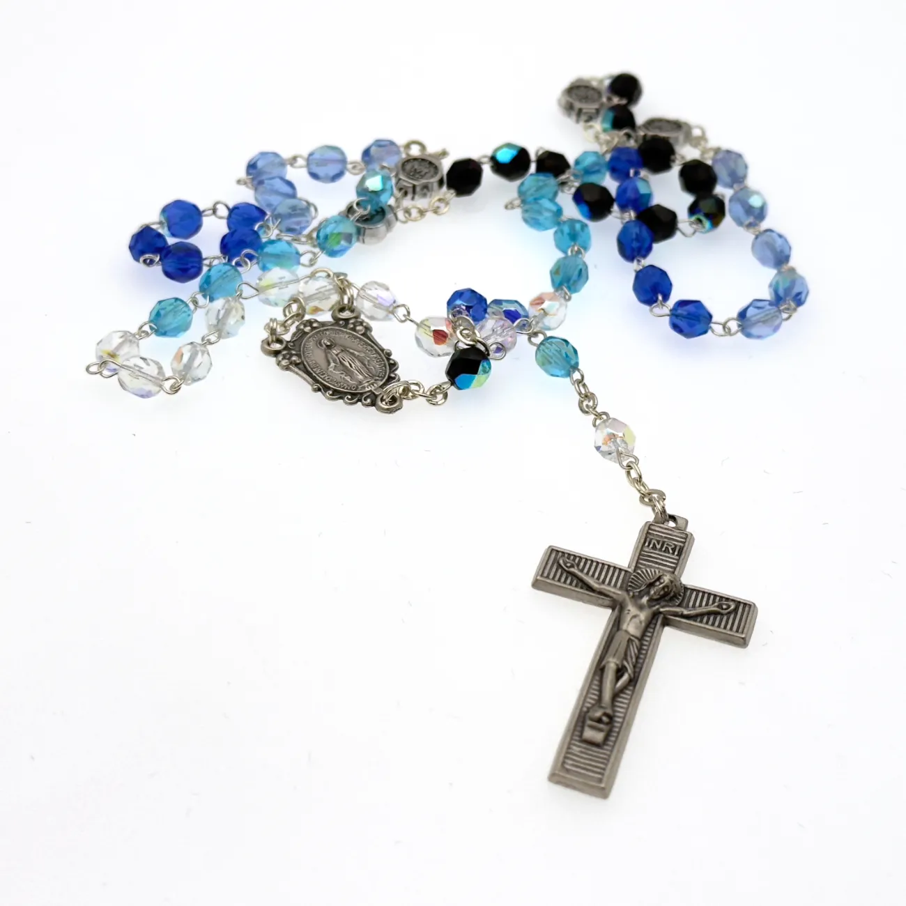 Chapelet de la Vierge Miraculeuse de la rue du BAC – perles bleues et argentées – croix métal