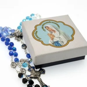 Chapelet de Notre-Dame de Lourdes – perles bleues en verre facetté – croix émaillée