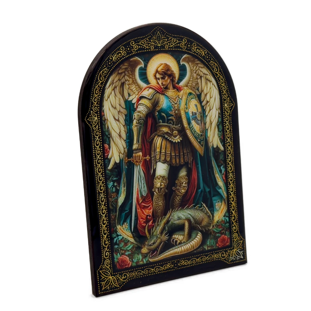 Cadre religieux en bois verni - Saint Michel Archange, vainqueur du dragon