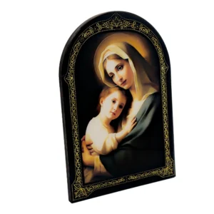 Cadre religieux en bois verni – Vierge à l’Enfant