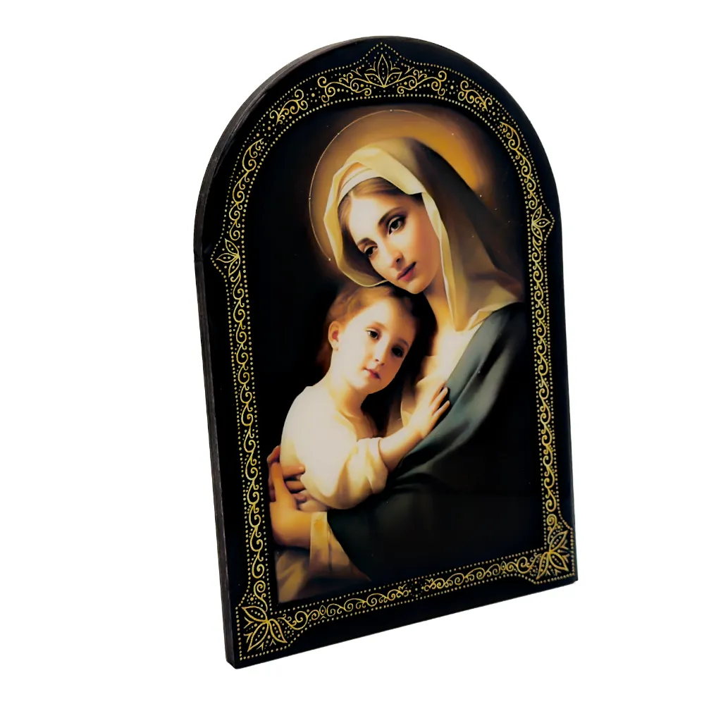 Cadre religieux en bois verni – Vierge à l’Enfant