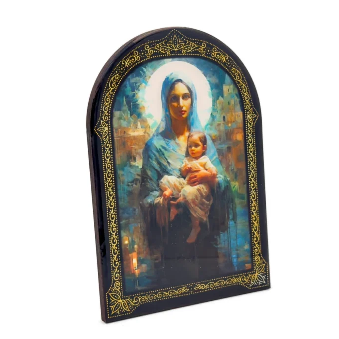 Cadre religieux en bois verni – Vierge à l’Enfant