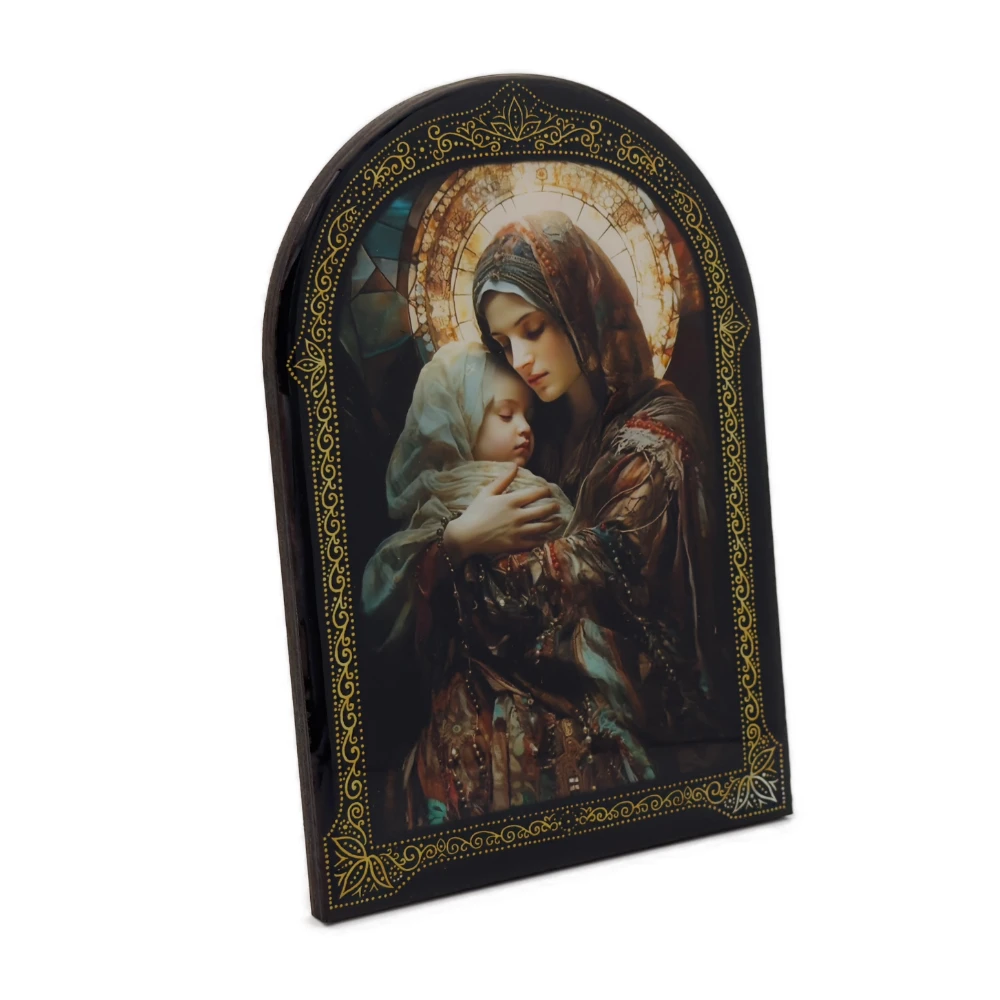 Cadre religieux en bois verni – Vierge à l’Enfant