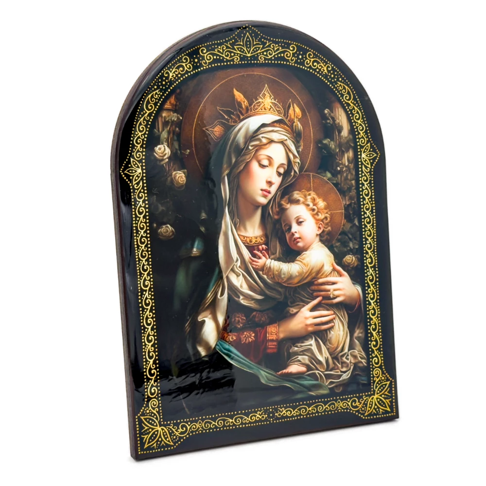 Cadre religieux en bois verni – Vierge à l’Enfant