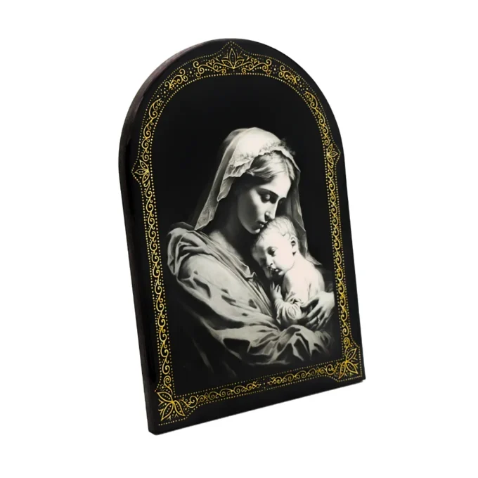 Cadre religieux en bois verni – Vierge à l’Enfant