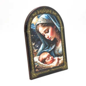 Cadre religieux en bois verni – Vierge à l’Enfant de la Nativité