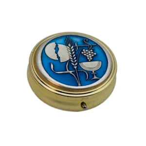 Custode dorée à décor eucharistique bleu – Hostie, blé, raisin et calice