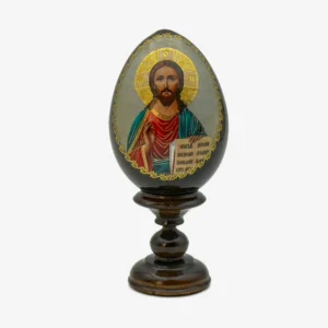 Œuf en bois – Icône du Christ Pantocrator dorée sur socle – 13 cm