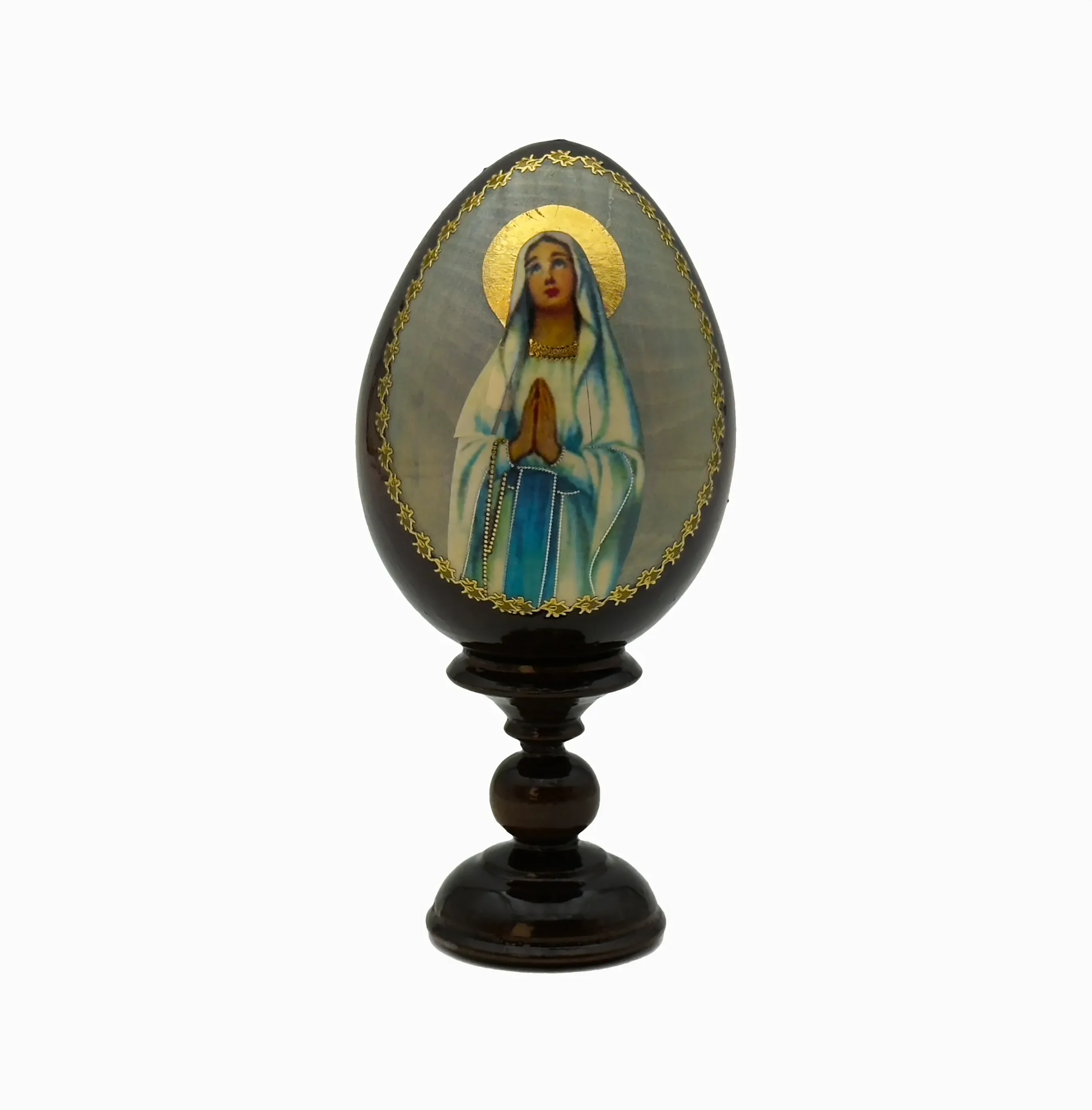 Œuf en bois – Icône de la Vierge Marie de Lourdes sur socle