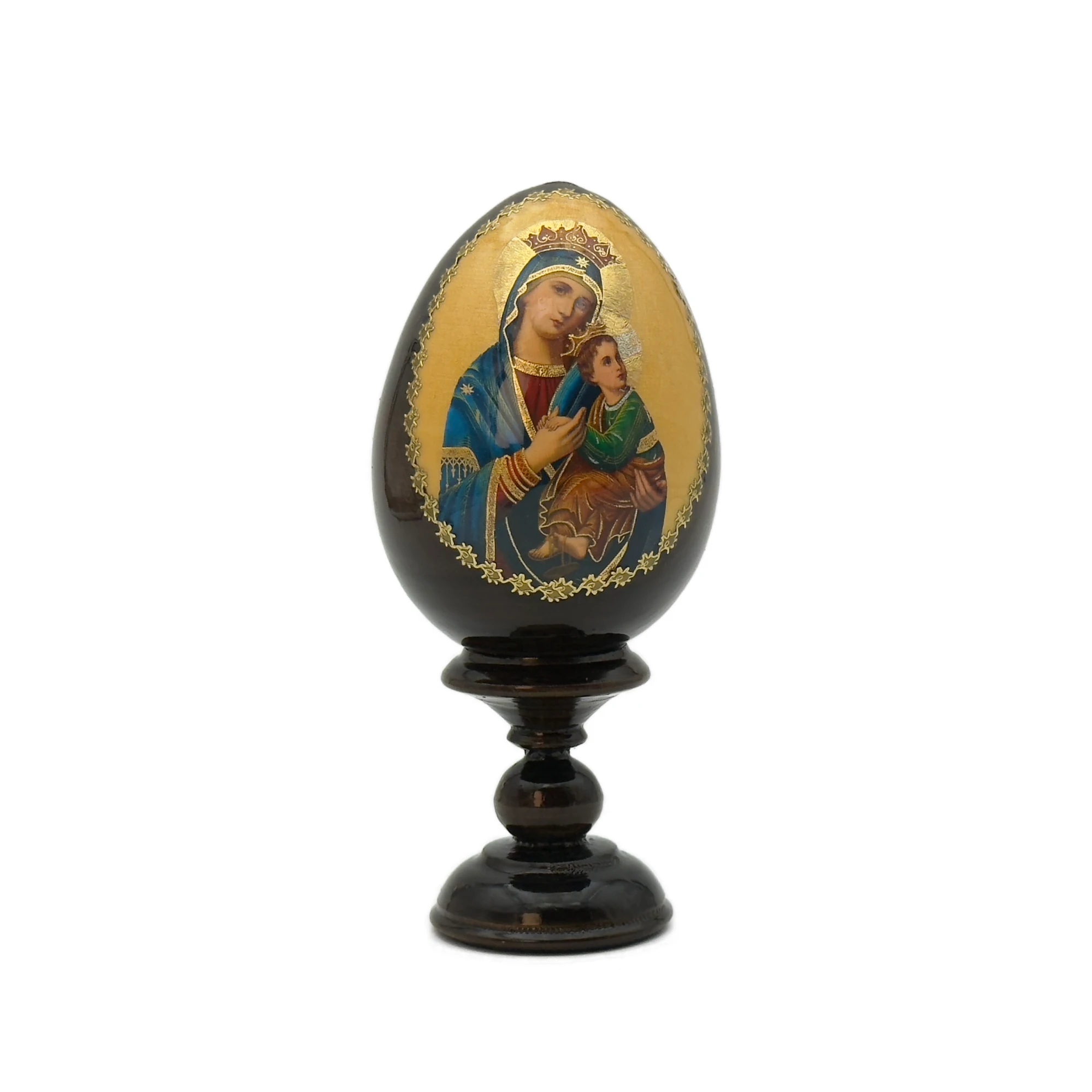 Œuf en bois – Icône de la Vierge à l'enfant sur socle