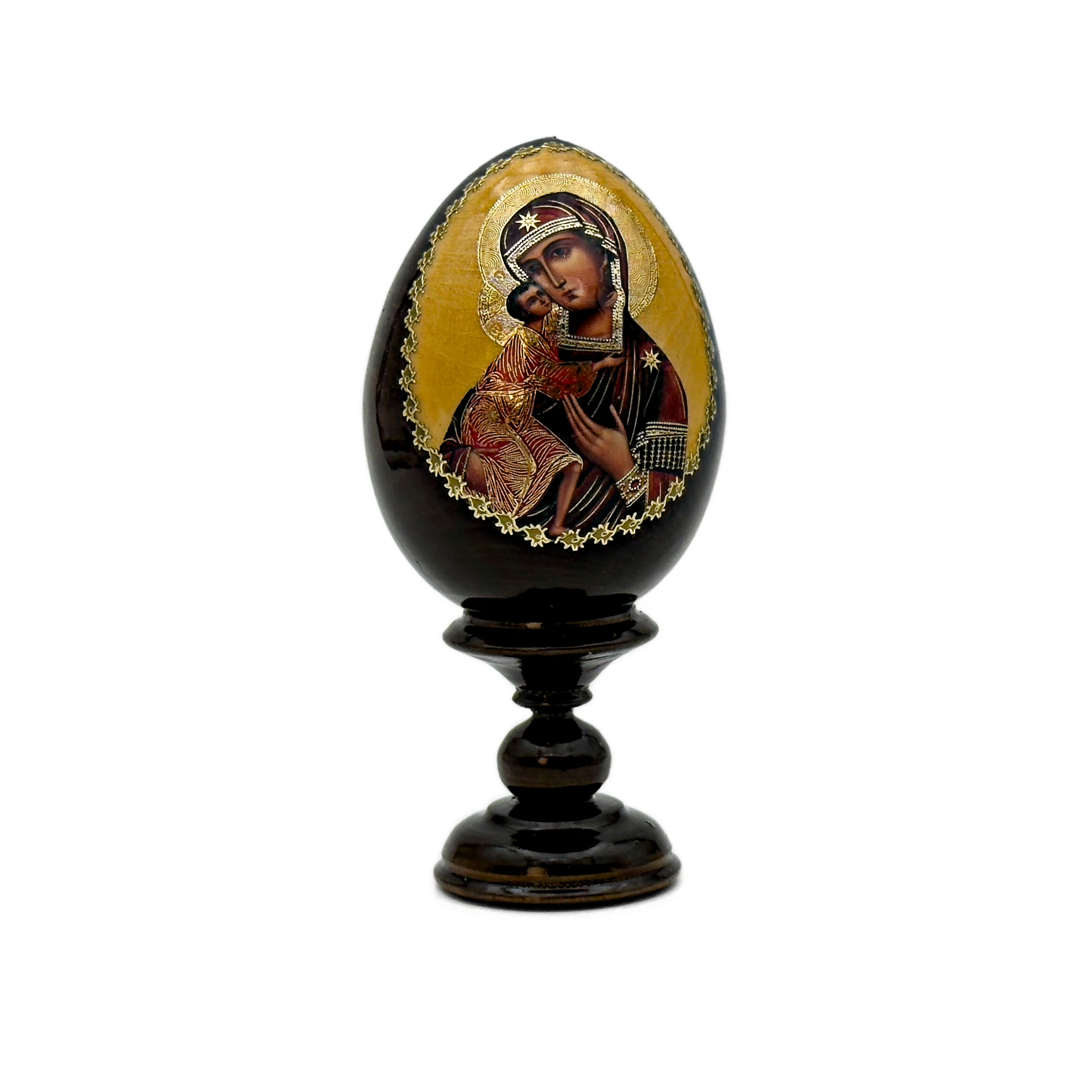 Œuf en bois – Icône de la Vierge de tendresse sur socle