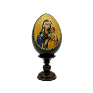 Œuf en bois – Icône de la Vierge Hodigitria (Vierge à l’Enfant) sur socle