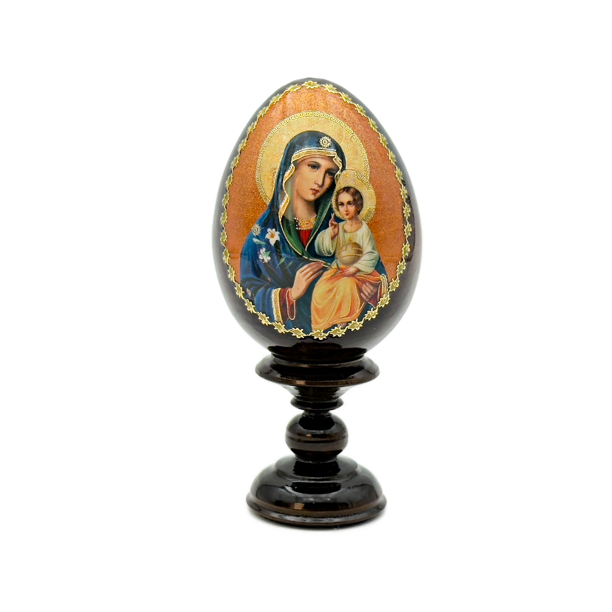 Œuf en bois – Icône de la Vierge Hodigitria (Vierge à l’Enfant) sur socle