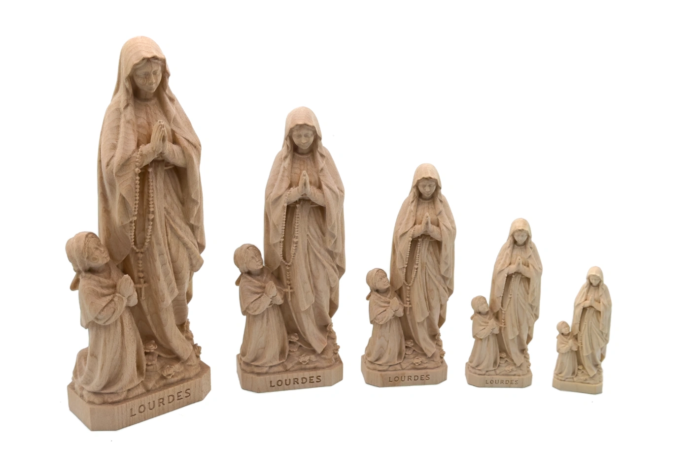 Statue en bois de l’Apparition de Lourdes – Vierge Marie et Bernadette sculptées à la main – Image 4