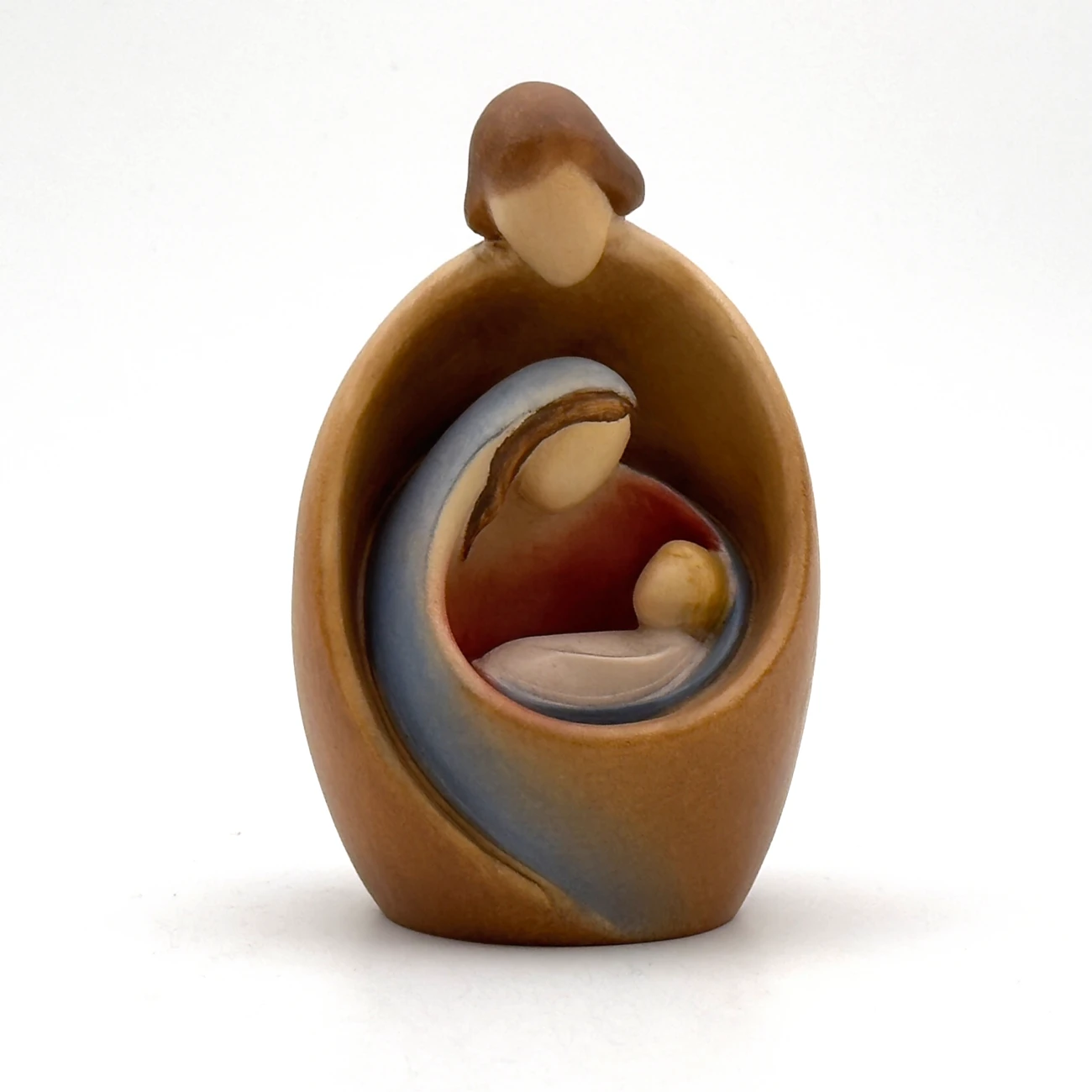 Statue minimaliste de la sainte famille en bois peint