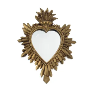 Ex-voto miroir cœur flamboyant doré – Style baroque religieux – 21 cm