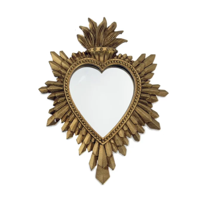 Ex-voto miroir cœur flamboyant doré – Style baroque religieux – 21 cm