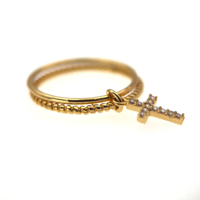 Bague plaqué or 18 carats double anneau avec croix pendante – Élégance & foi