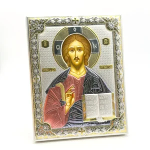 Icône du Christ Pantocrator – Finition Miro Silver et Couleurs