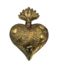 Ex-voto Cœur Flammé en résine dorée baroque – Grand modèle mural 28 cm