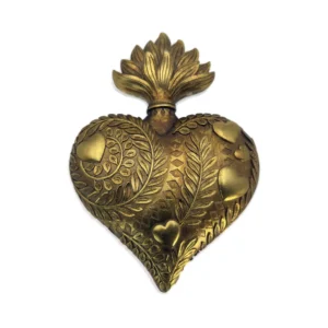 Ex-voto Cœur Flammé en résine dorée baroque – Grand modèle mural 28 cm