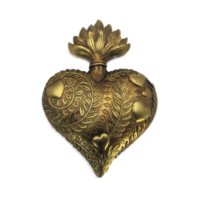 Ex-voto Cœur Flammé en résine dorée baroque – Grand modèle mural 28 cm
