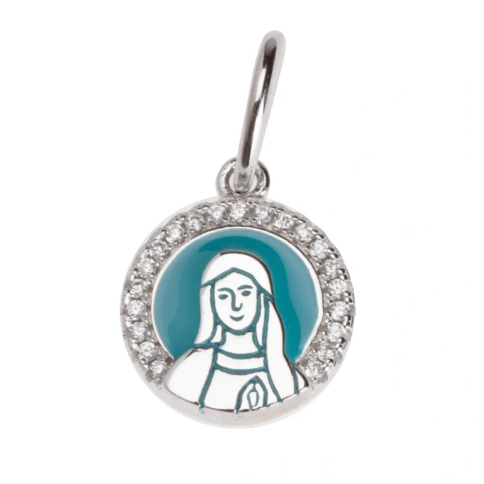 Pendentif - Charm Vierge Marie Émaillé Turquoise – Argent 925 et Zircons