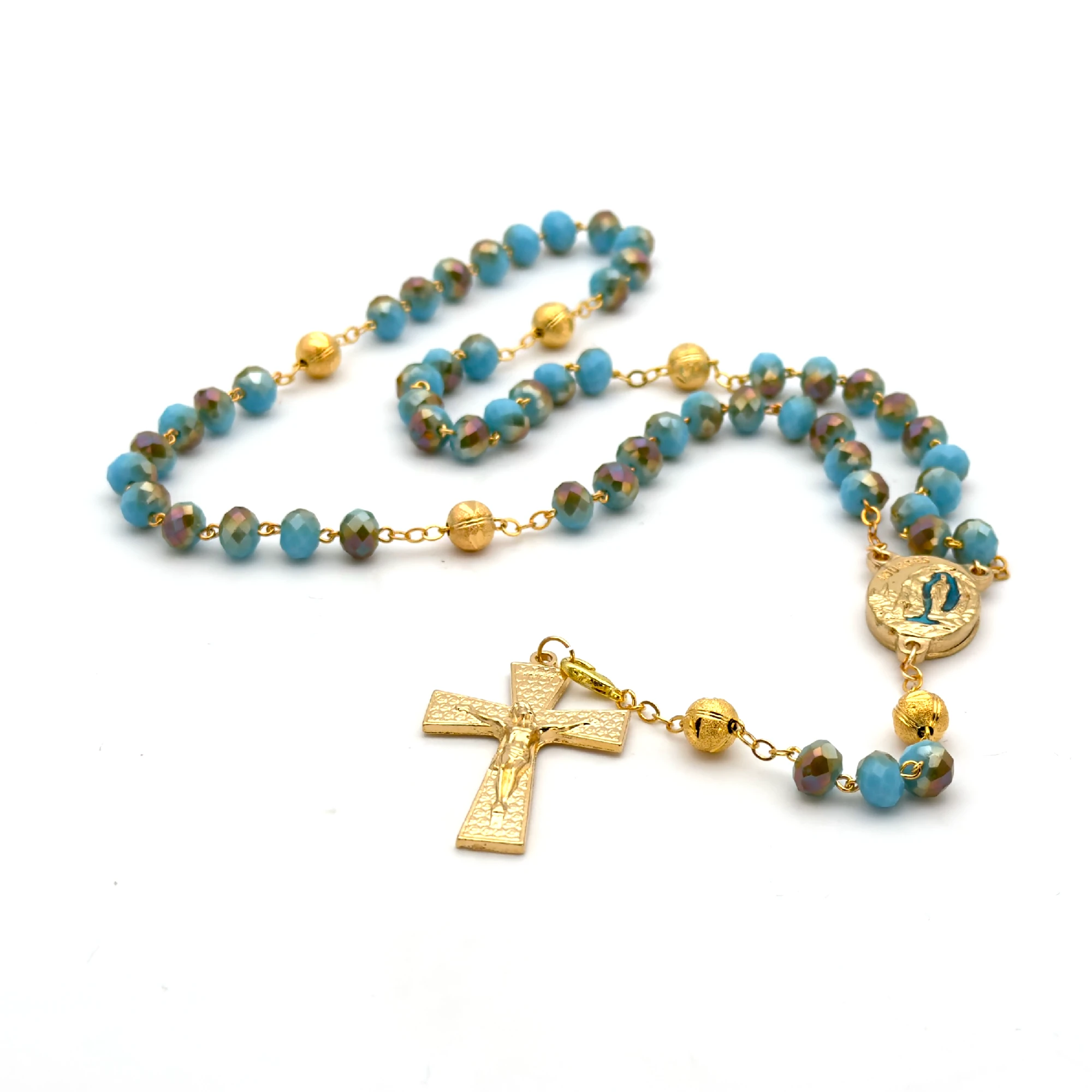 Chapelet de Lourdes en perles de verre facettées turquoise