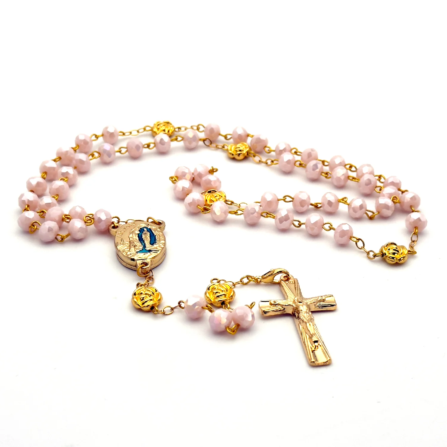 Chapelet de Lourdes en perles de verre facettées roses
