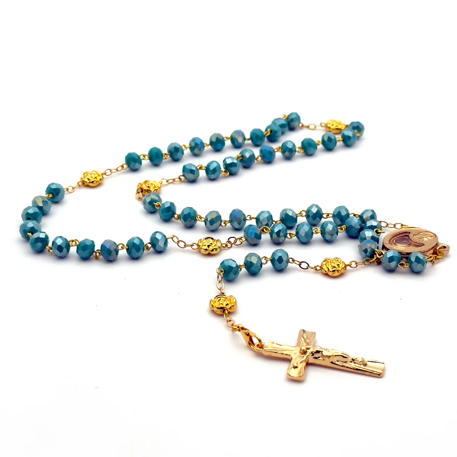 Chapelet de Lourdes en perles de verre facettées bleu