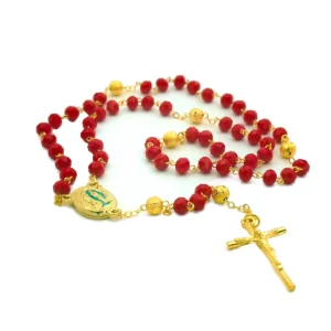 Chapelet de Lourdes rouge en verre – croix bâton dorée
