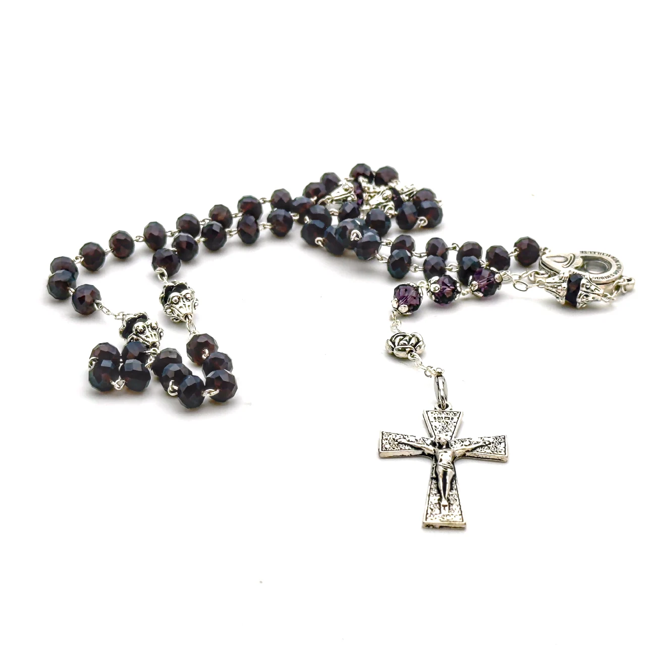 Chapelet de Lourdes en perles de verre facettées violettes