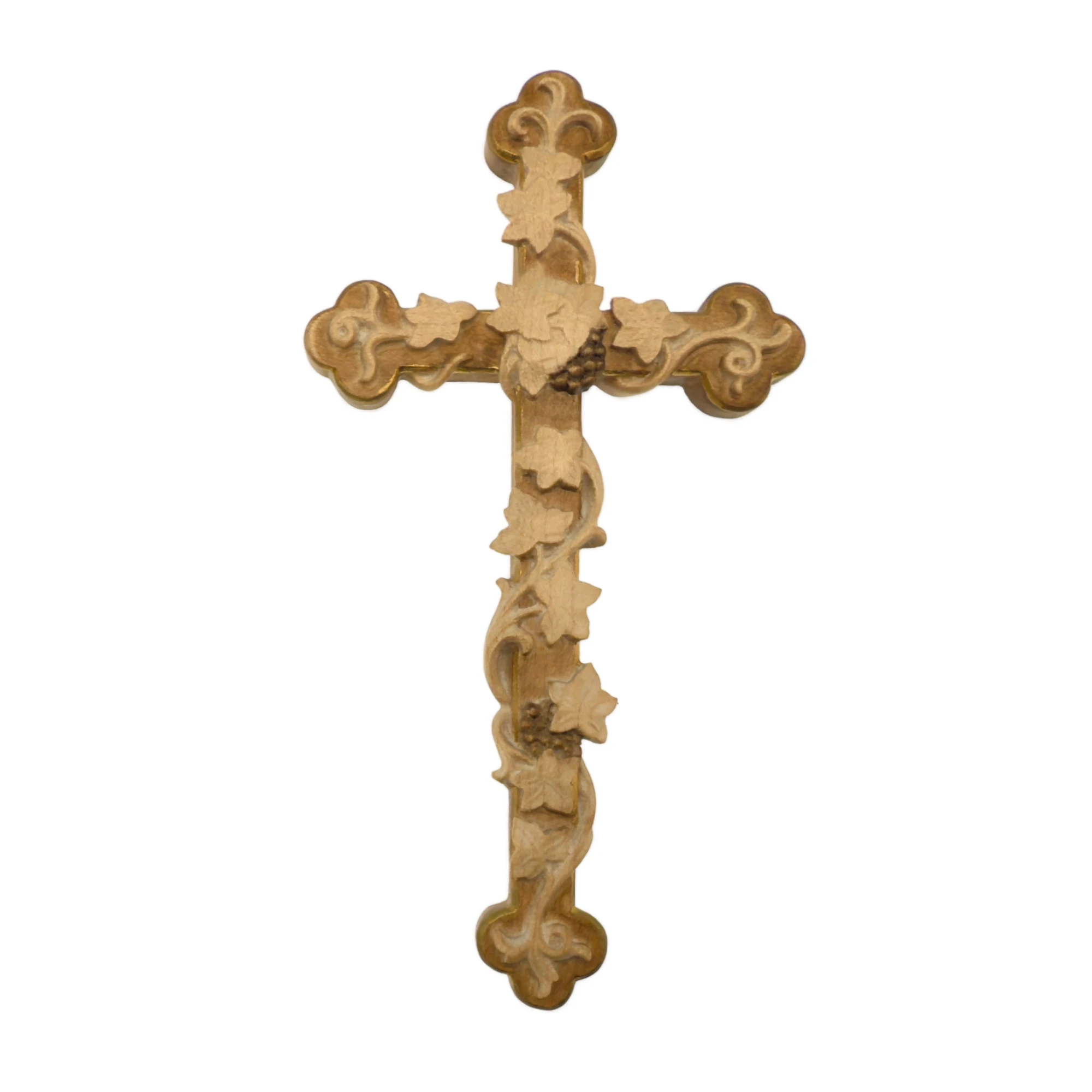 Croix en bois naturel sculptée – motif vigne et raisin – 21 cm / 27 cm