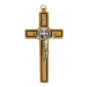 Crucifix Saint Benoît – "Bouclier contre le Mal" – Bois & Médaille Émaillée - Bleu marine