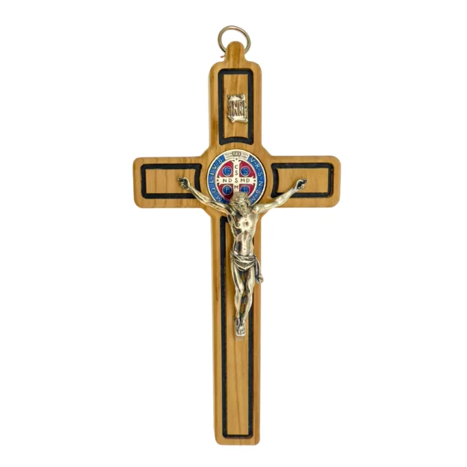 Crucifix Saint Benoît – "Bouclier contre le Mal" – Bois & Médaille Émaillée - Bleu marine