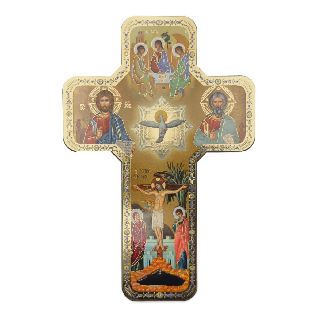 Croix murale chrétienne – Icône de la Trinité et Crucifixion – 18 × 12 cm