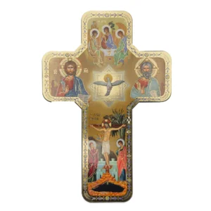 Croix murale chrétienne – Icône de la Trinité et Crucifixion – 18 × 12 cm