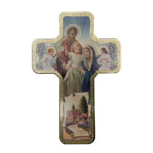 Croix murale chrétienne – Sainte Famille, protection du foyer – 18 × 12 cm