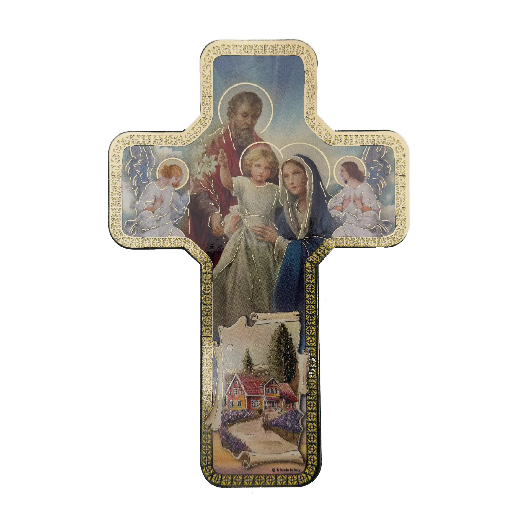 Croix murale chrétienne – Sainte Famille, protection du foyer – 18 × 12 cm