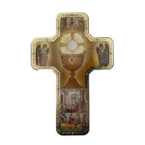 Croix murale chrétienne – Eucharistie et Dernière Cène – 18 × 12 cm - bois