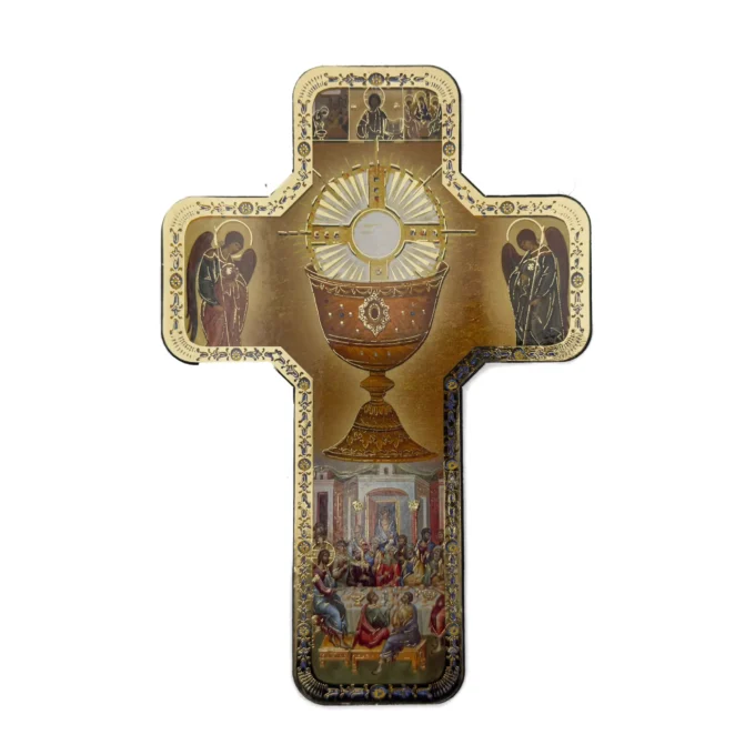 Croix murale chrétienne – Eucharistie et Dernière Cène – 18 × 12 cm - bois