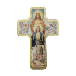 Croix murale chrétienne – Sacrés Cœurs de Jésus et Marie – Protection du foyer – 18 × 12 cm